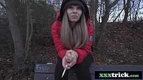 A sleazy guy spots big titted Czech beauty Dominno outdoors and pounds her natural tits pussy public