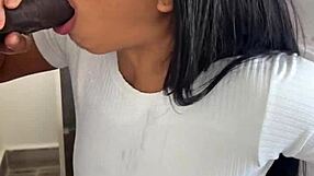 Amateur couple Nysdel crams huge meat dildo satisfying ebony desires with deepthroat cum swallow.