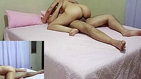 Brazilian housewife rides uncensored cowgirl kissing moaning with natural tits spread on bed.