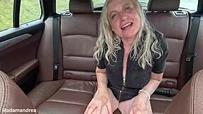 fat milf fists huge pussy with anal dildo in car