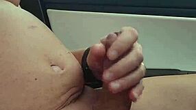 driver gets nude in car jerking off his hard cock