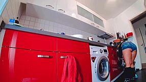 curvy fat ass strains against steamy short jeans hot pants in bold tease