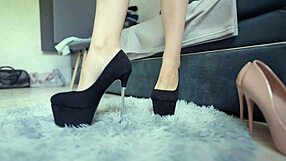 Teen Strips Perfect Legs in High Heels Stockings Feet Try On