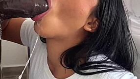 Amateur couple Nysdel crams huge meat dildo satisfying ebony desires with deepthroat cum swallow.