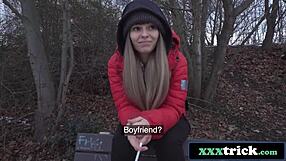 A sleazy guy spots big titted Czech beauty Dominno outdoors and pounds her natural tits pussy public