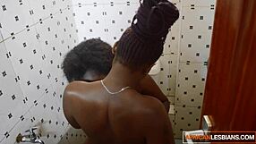 Man, ebony lesbian couple with big tits goes wild on bathroom floor