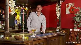 hey bartender with the bar empty wanna see this lusty brunette deepthroat your monster cock?