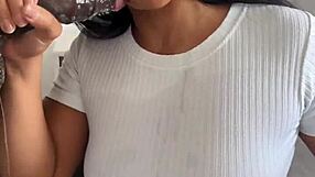 Amateur couple Nysdel crams huge meat dildo satisfying ebony desires with deepthroat cum swallow.