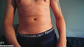 nerd's huge cock throbs as he strips underwear and jerks off moaning wildly