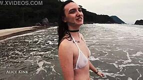 alice kink strips see-through micro bikini naked at crowded public beach