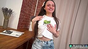 Skinny petite 18yo feels awkward posing nude in front of the camera.