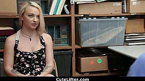 blonde teen shoplifter thinks she's safe, but backroom burglar pounding awaits her tight hole