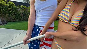 Pool cleaner bends for son's big cock deepthroat cowgirl squirting ride