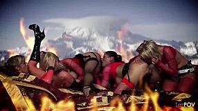 blonde and brunette milfs in latex boots and stockings finger pussies dildos lick asses lesbian foursome