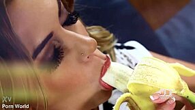 russian beauty rams huge banana deep into her pink shaved pussy
