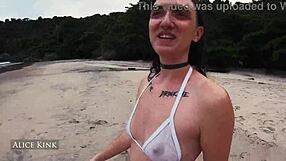 alice kink strips see-through micro bikini naked at crowded public beach