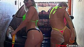 blonde big ass brazilian babes soap up in steamy car wash