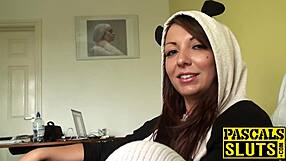 uk submissive crystal kneels bound as old man pascal facefucks her deep then pounds doggystyle