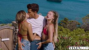 bruneite vixen drops to knees for blowjob then bends over riding cock face sitting holiday ffm threesome