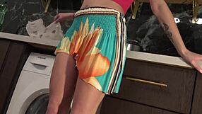 Hot Brunette Babe Drops Panties Under Mini Skirt In Kitchen!