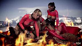 blonde and brunette milfs in latex boots and stockings finger pussies dildos lick asses lesbian foursome