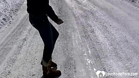 hot stepmom flashes tits pees outdoors in deep snow