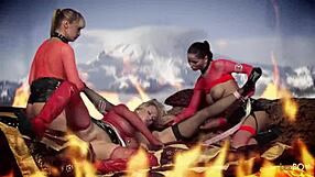 blonde and brunette milfs in latex boots and stockings finger pussies dildos lick asses lesbian foursome