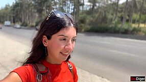 crazy brunette teen sucks huge cock in bushes then walks with massive facial cumshot public pov