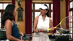 Romi Rain smashes Kimmy Kimm's petite young pussy with her big boobs before tennis in lesbian mommy action