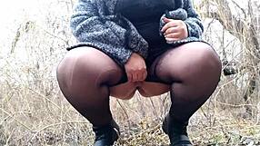 Plump Mother-in-Law Presses Palm Deep on Dripping Wet Pussy in Nylon Pantyhose. Curvy Mature Solo Flashes Huge Legs Outdoors