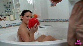 WET NYMPHO ESME J RIDES NOAH R'S HUGE COCK IN BATHROOM DOGGY BLAST!