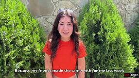 crazy brunette teen sucks huge cock in bushes then walks with massive facial cumshot public pov