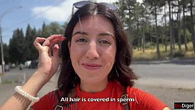 crazy brunette teen sucks huge cock in bushes then walks with massive facial cumshot public pov