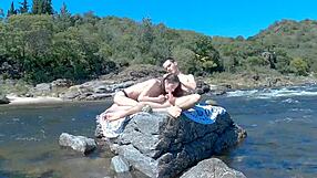 hot couple risks public beach sex then bus banging with huge double cumshots