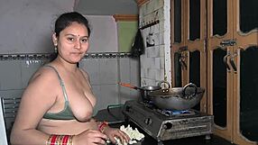 Chubby housewife chops veggies then licks monster cock in kitchen