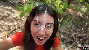 crazy brunette teen sucks huge cock in bushes then walks with massive facial cumshot public pov