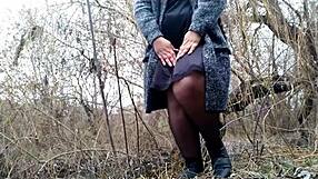 Plump Mother-in-Law Presses Palm Deep on Dripping Wet Pussy in Nylon Pantyhose. Curvy Mature Solo Flashes Huge Legs Outdoors