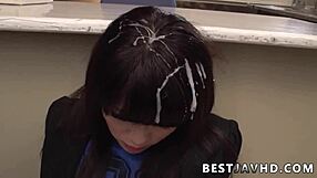 dirty japanese milf sara yurikawa takes threesome blowbang bukkake geyser spunk explosion at office