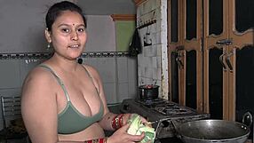 Chubby housewife chops veggies then licks monster cock in kitchen