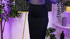 curvy mature teacher in lingerie heels and stockings teases with buttplug