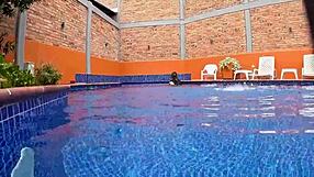 Stranger catches huge ass unknown masturbating poolside swaps plastic dildo for real huge cock doggystyle cum covered