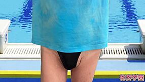 borrowing women's swimsuit for secret pool masturbation at night club bikini dance