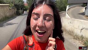 crazy brunette teen sucks huge cock in bushes then walks with massive facial cumshot public pov