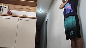 Risky kitchen fuck with friends huge cock while husband showers