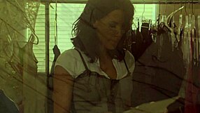 Asian milf in heels licks lesbian pussy before strapon fuck in the rain