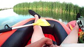 rafting trip turns wild as milf gives huge cock handjob exploding cumload on her thong panties