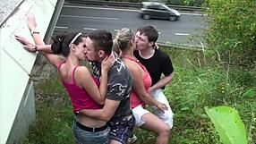 krystal swift's huge tits drenched in cum during highway foursome orgy