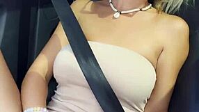 naughty blonde milf babe masturbates with dildo on public car seat moaning to orgasm shaved pussy exposed