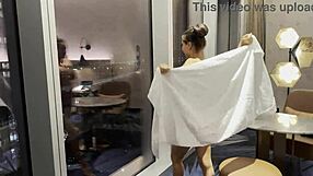 Monika Fox fingers shaved pussy and squirts wildly in hotel shower and room