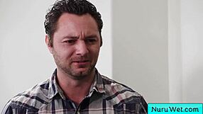 xxlayna marie covers naked body in nuru gel for brad sterling's relaxing wet massage